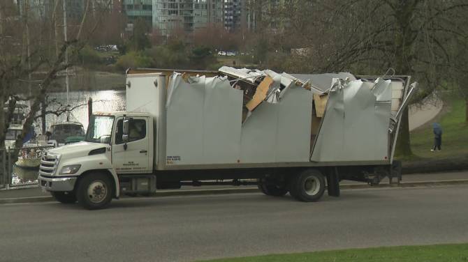 Click to play video: Cube van strikes pedestrian bridge in Stanley Park